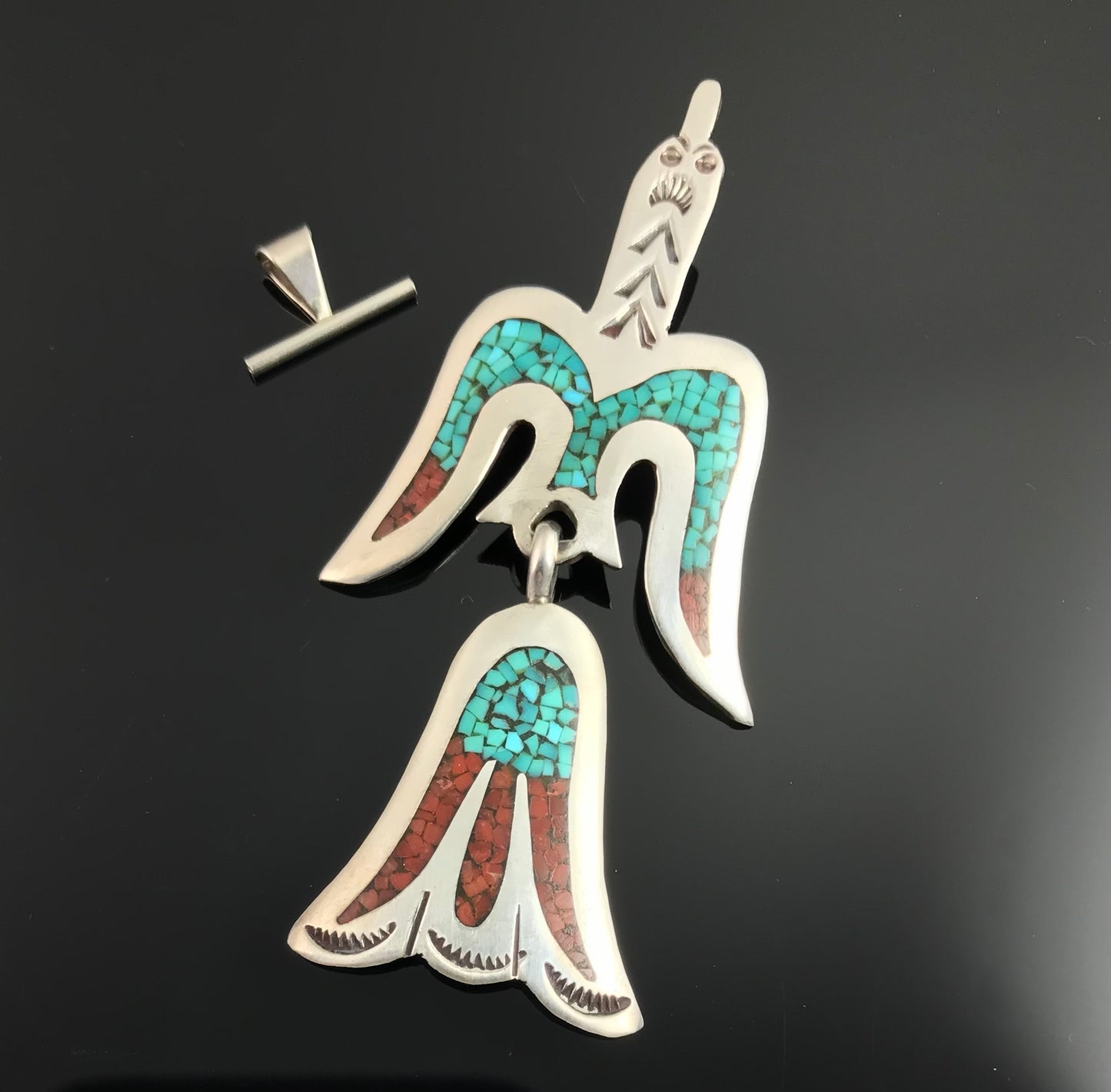 Large Peyote Bird Turquoise & Coral Chip Inlay Pin Pendant - William Singer