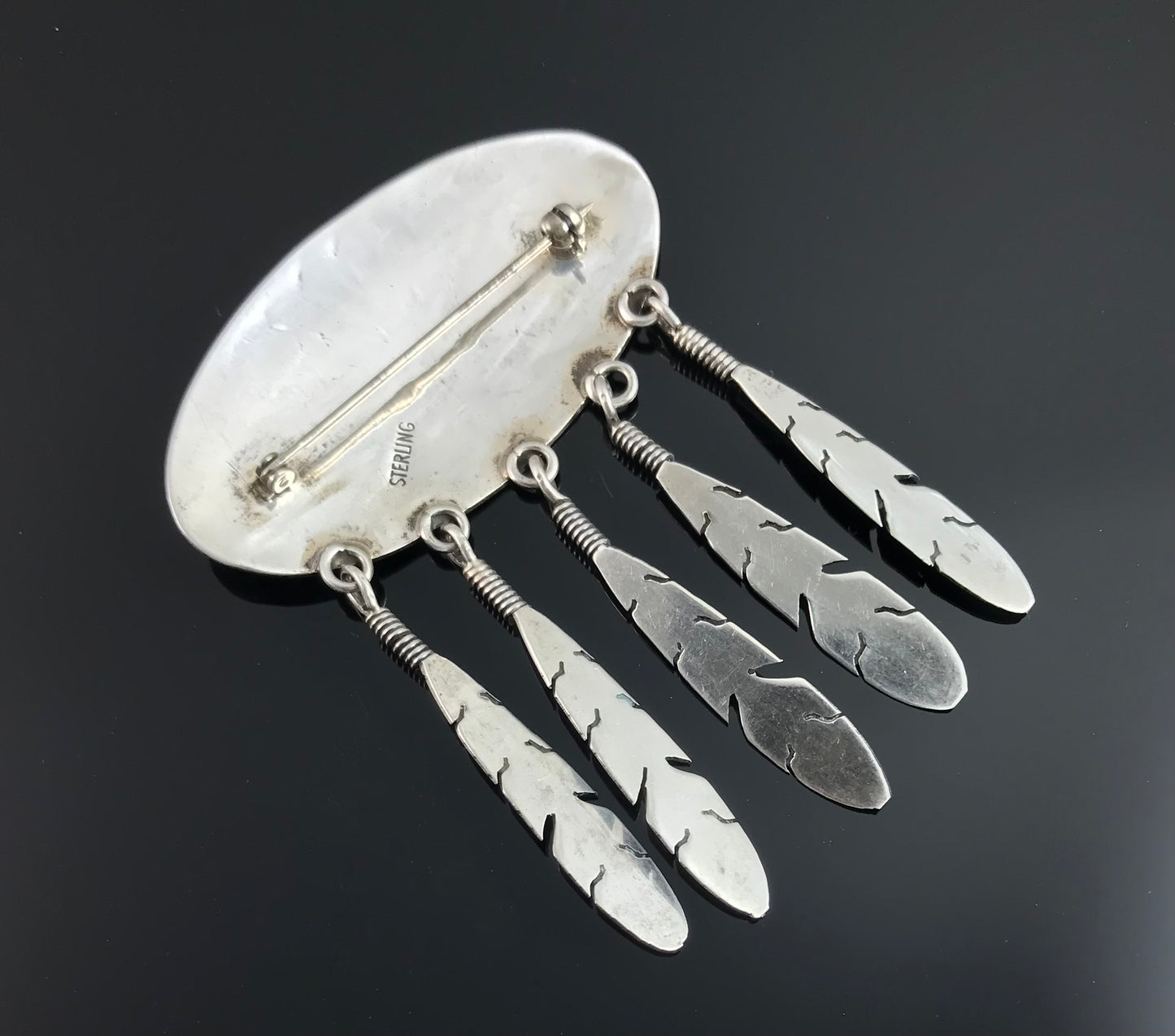 Feathers Concho Pin Brooch Sterling Silver Native American Navajo - Vintage