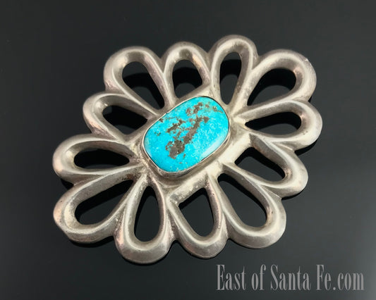HUGE Sand Cast Turquoise Navajo Sterling Silver Pin Native American Navajo - Vintage