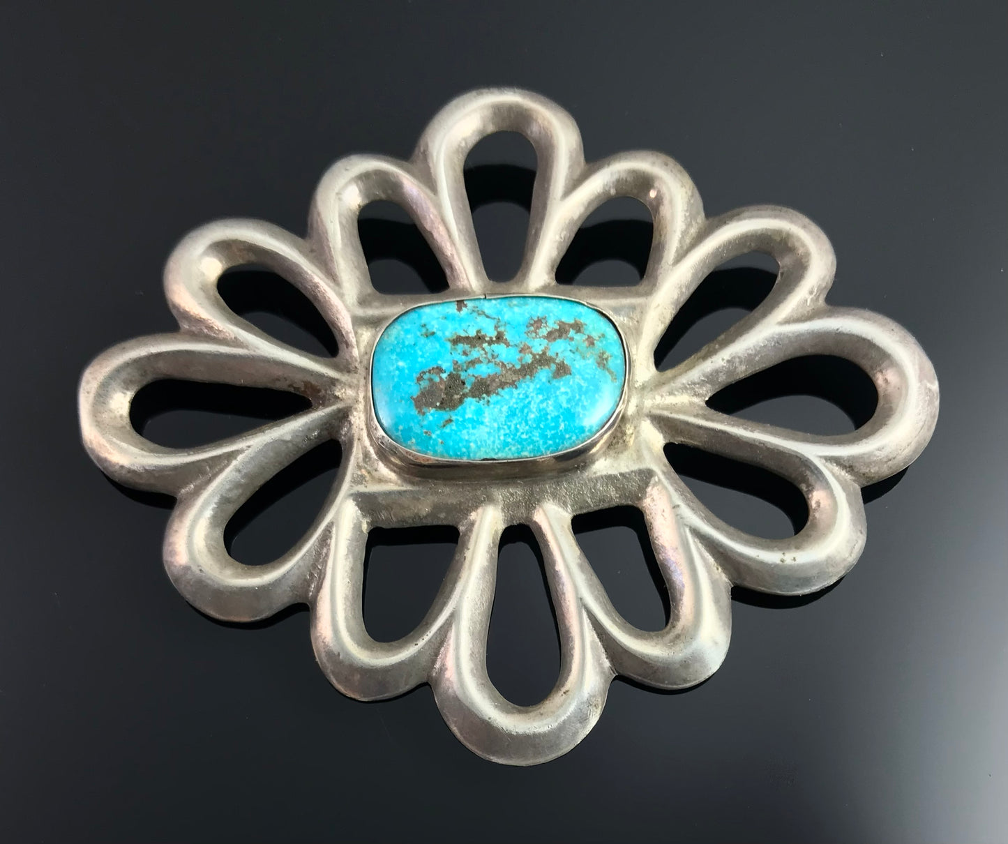 HUGE Sand Cast Turquoise Navajo Sterling Silver Pin Native American Navajo - Vintage