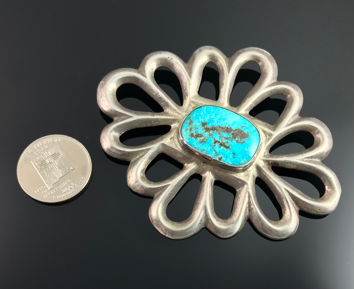 HUGE Sand Cast Turquoise Navajo Sterling Silver Pin Native American Navajo - Vintage