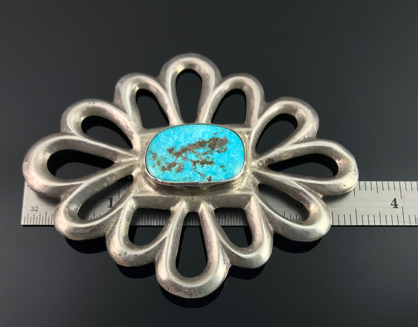 HUGE Sand Cast Turquoise Navajo Sterling Silver Pin Native American Navajo - Vintage