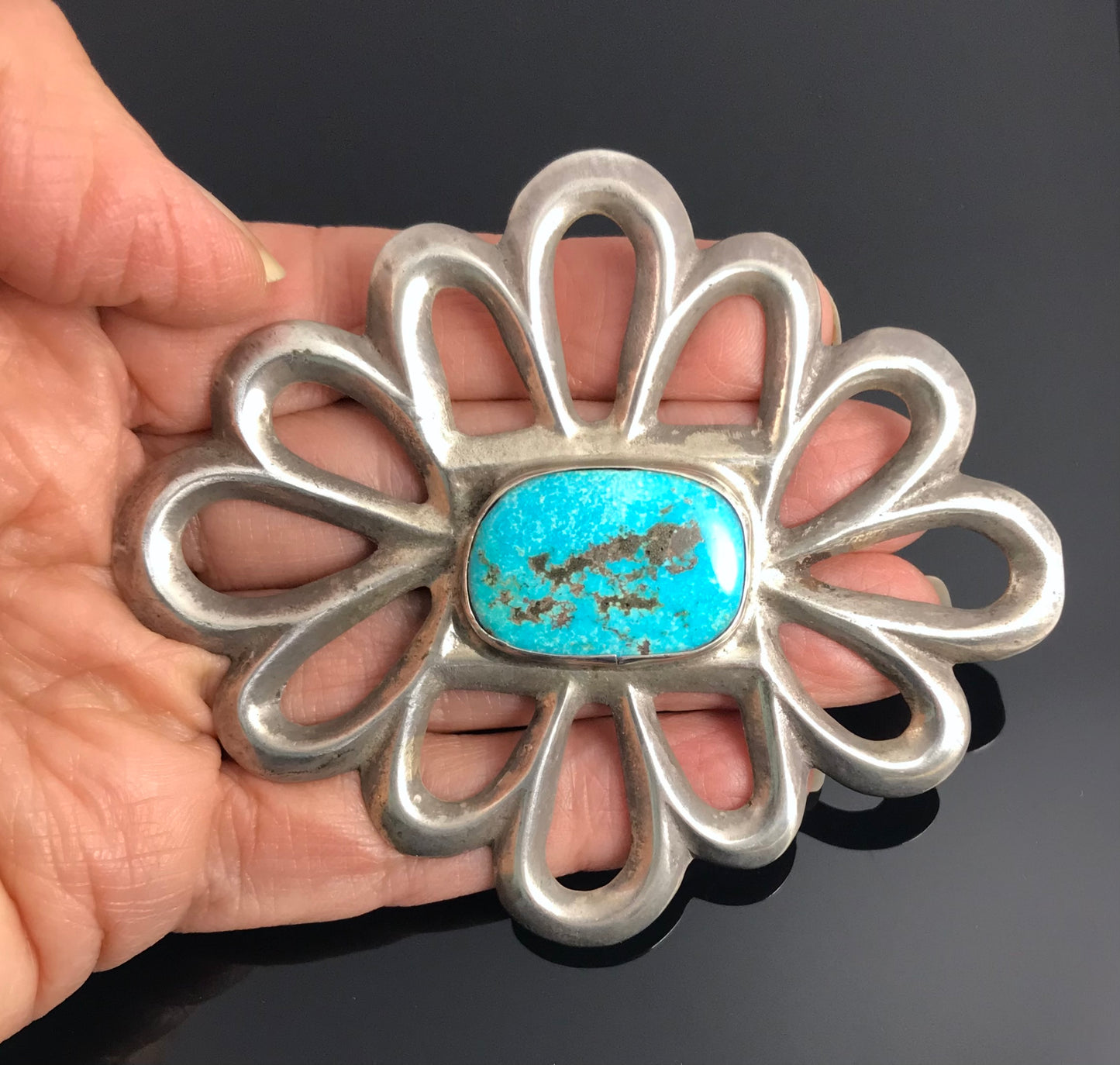 HUGE Sand Cast Turquoise Navajo Sterling Silver Pin Native American Navajo - Vintage