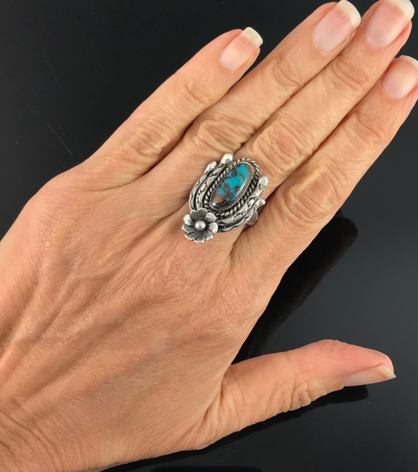 Turquoise Cactus Ring Native American Navajo Sterling Silver Size 7 1/2 - Vintage