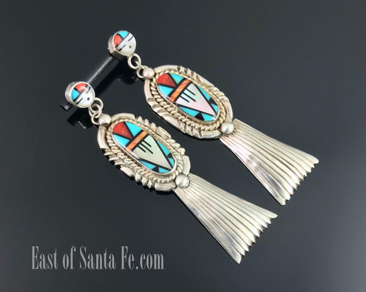 Long Zuni Sunface Inlay Earrings Native American - Vintage
