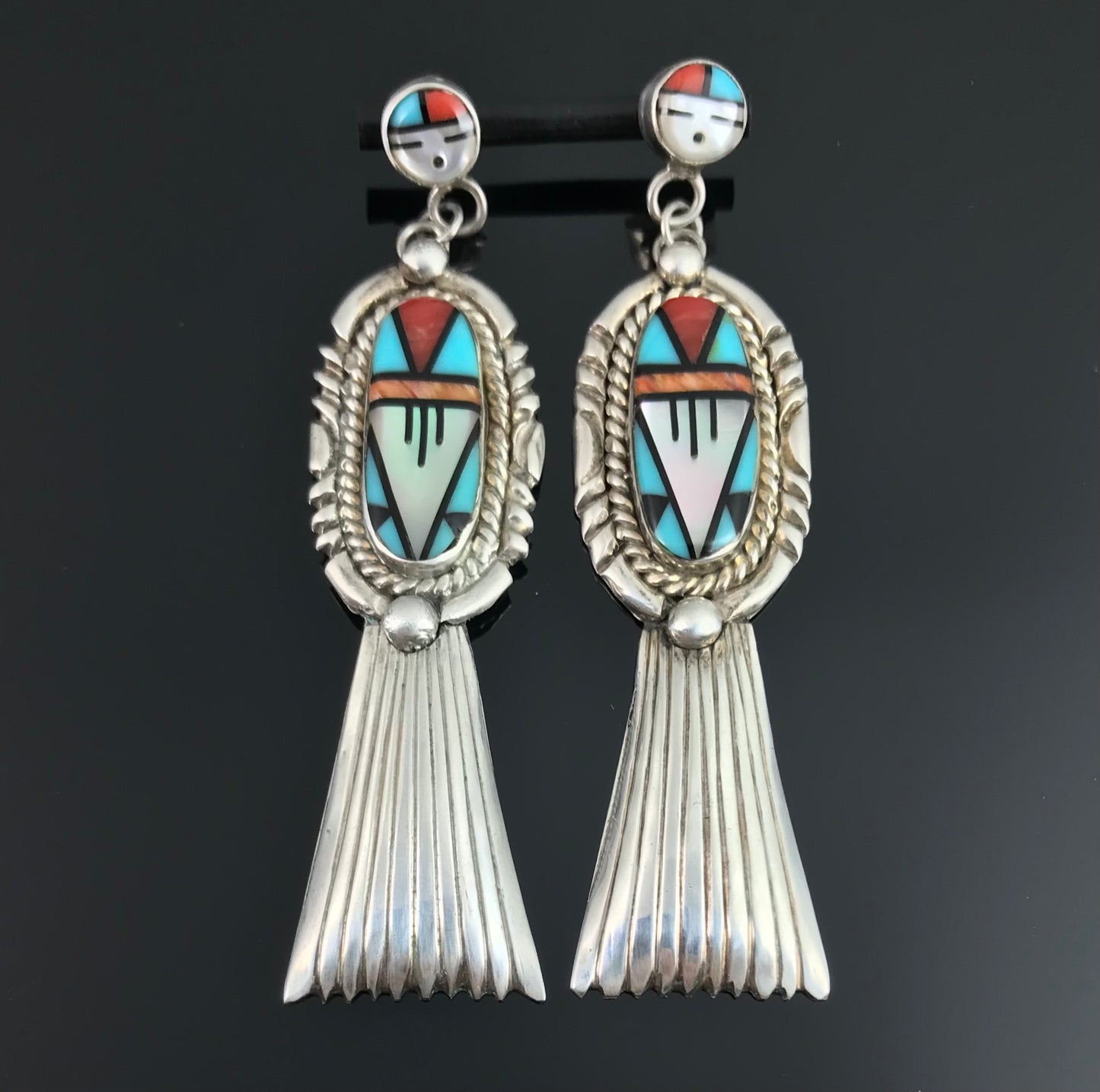 Long Zuni Sunface Inlay Earrings Native American - Vintage
