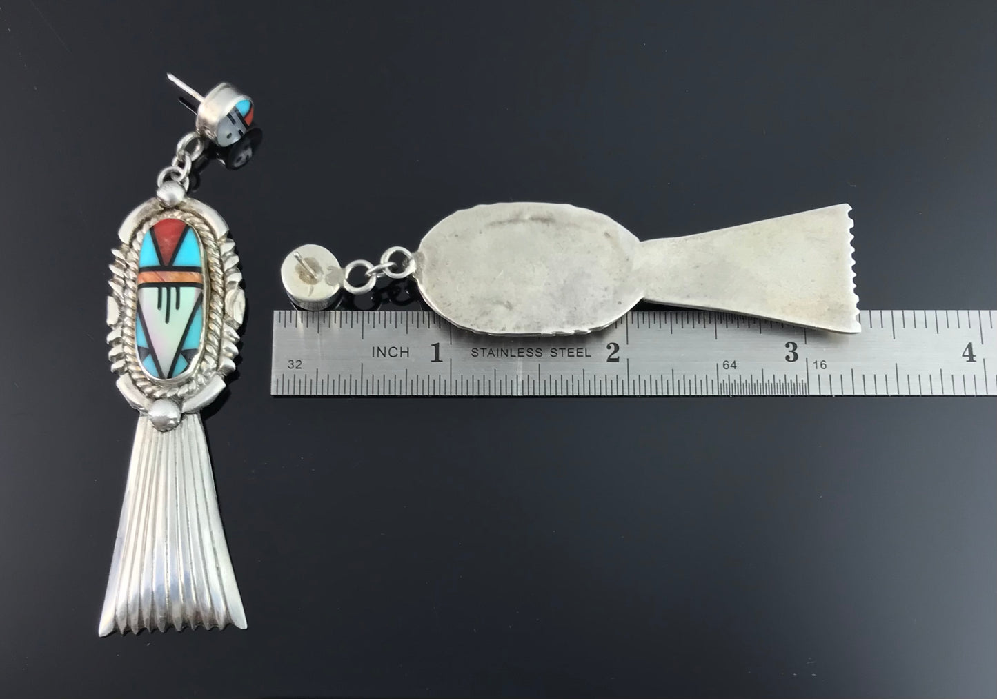 Long Zuni Sunface Inlay Earrings Native American - Vintage