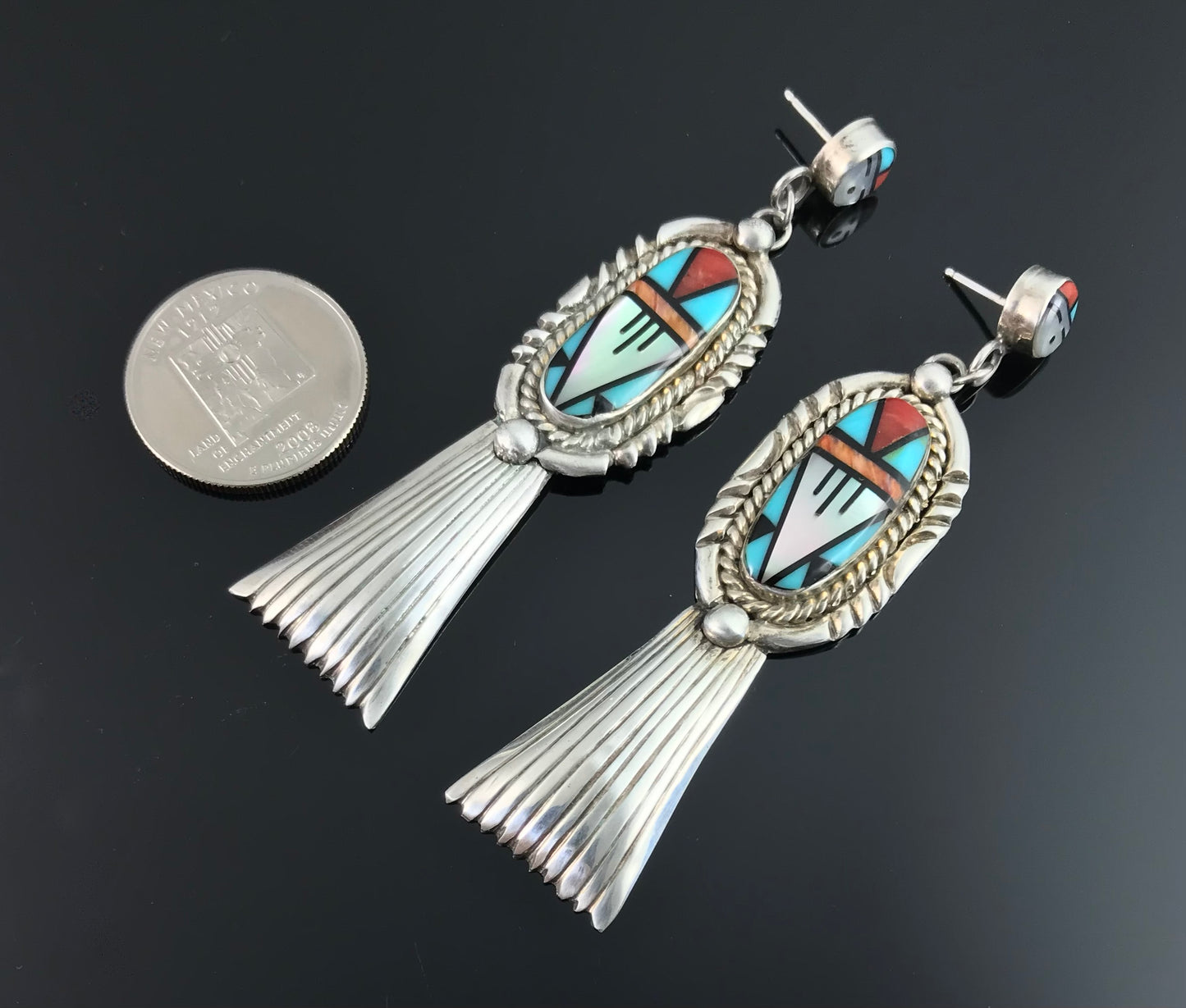 Long Zuni Sunface Inlay Earrings Native American - Vintage