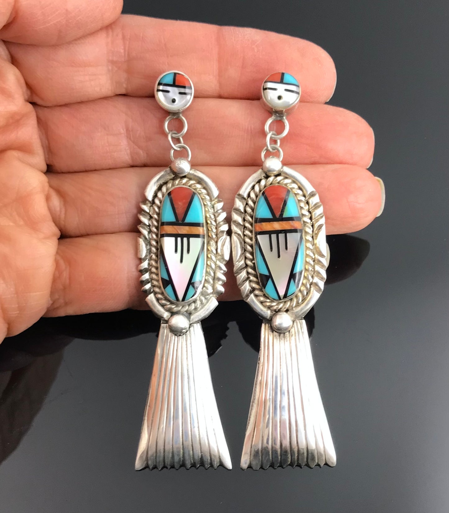 Long Zuni Sunface Inlay Earrings Native American - Vintage