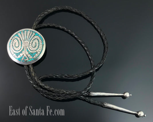 Turquoise Chip Inlay Bolo Tie, Native American Navajo or Zuni - Vintage