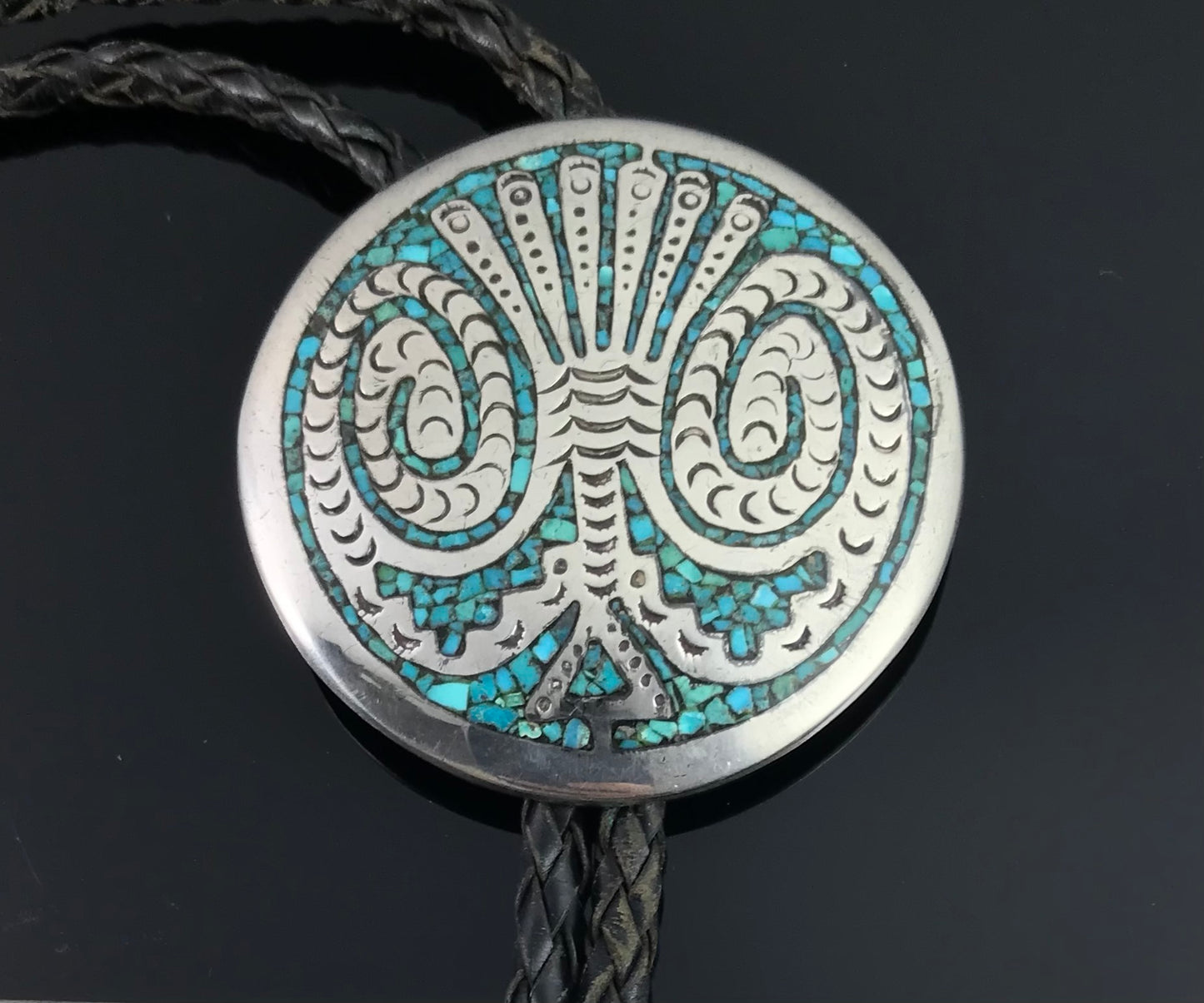 Turquoise Chip Inlay Bolo Tie, Native American Navajo or Zuni - Vintage