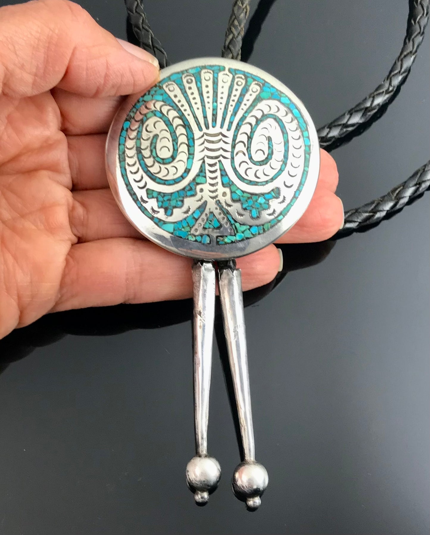 Turquoise Chip Inlay Bolo Tie, Native American Navajo or Zuni - Vintage