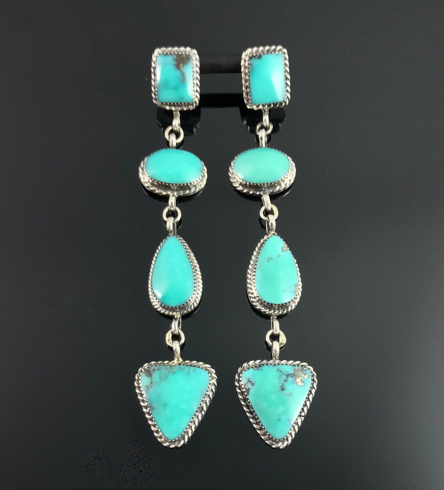 Almost 4" Long Turquoise Earrings Navajo Native American - Charlene Yazzie