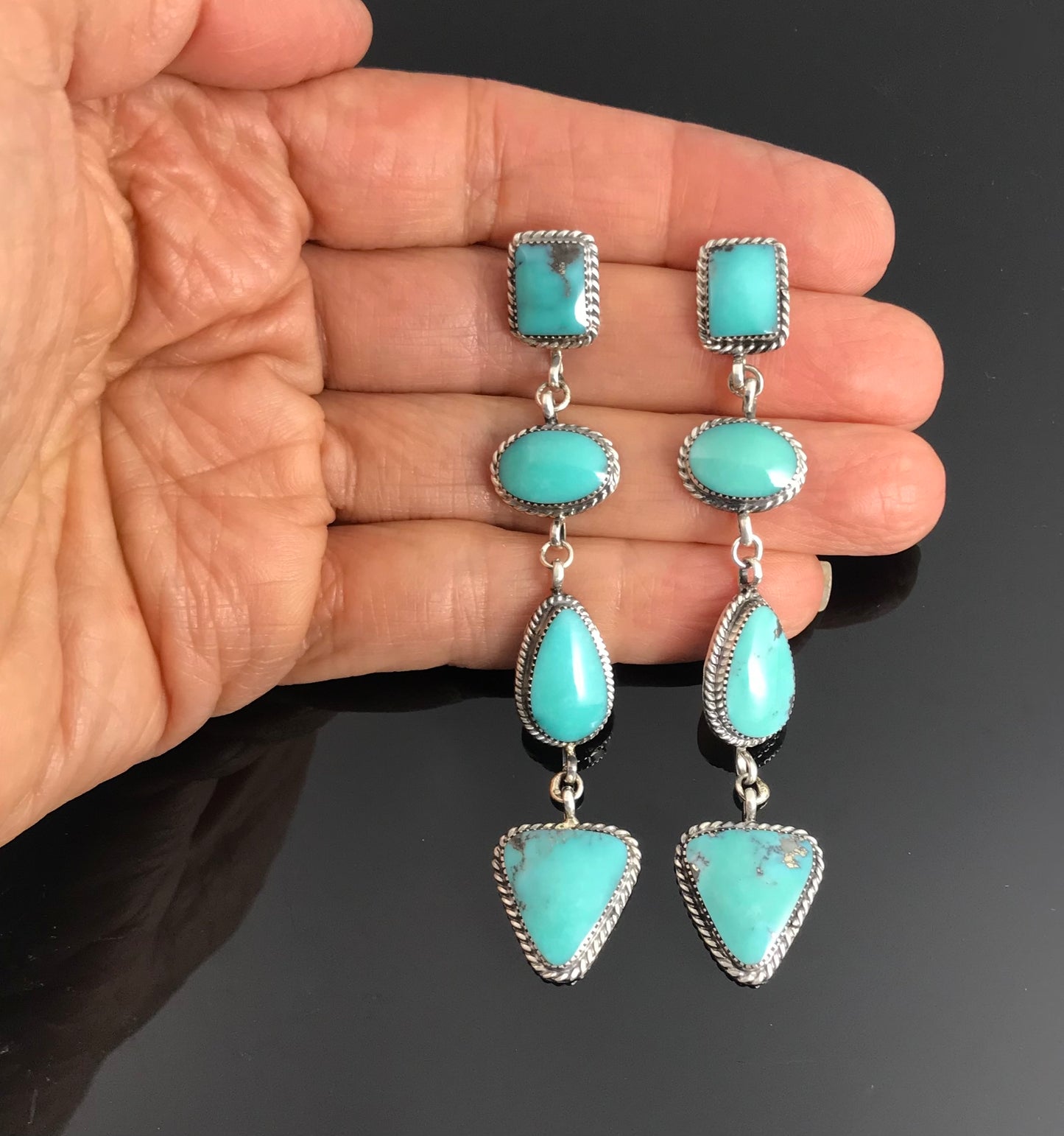Almost 4" Long Turquoise Earrings Navajo Native American - Charlene Yazzie