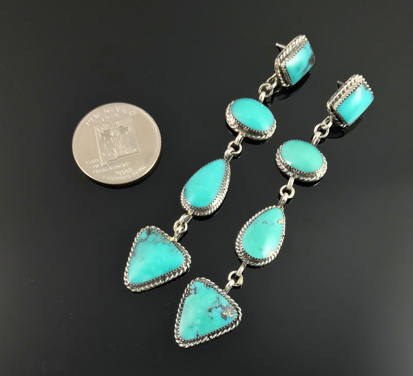 Almost 4" Long Turquoise Earrings Navajo Native American - Charlene Yazzie