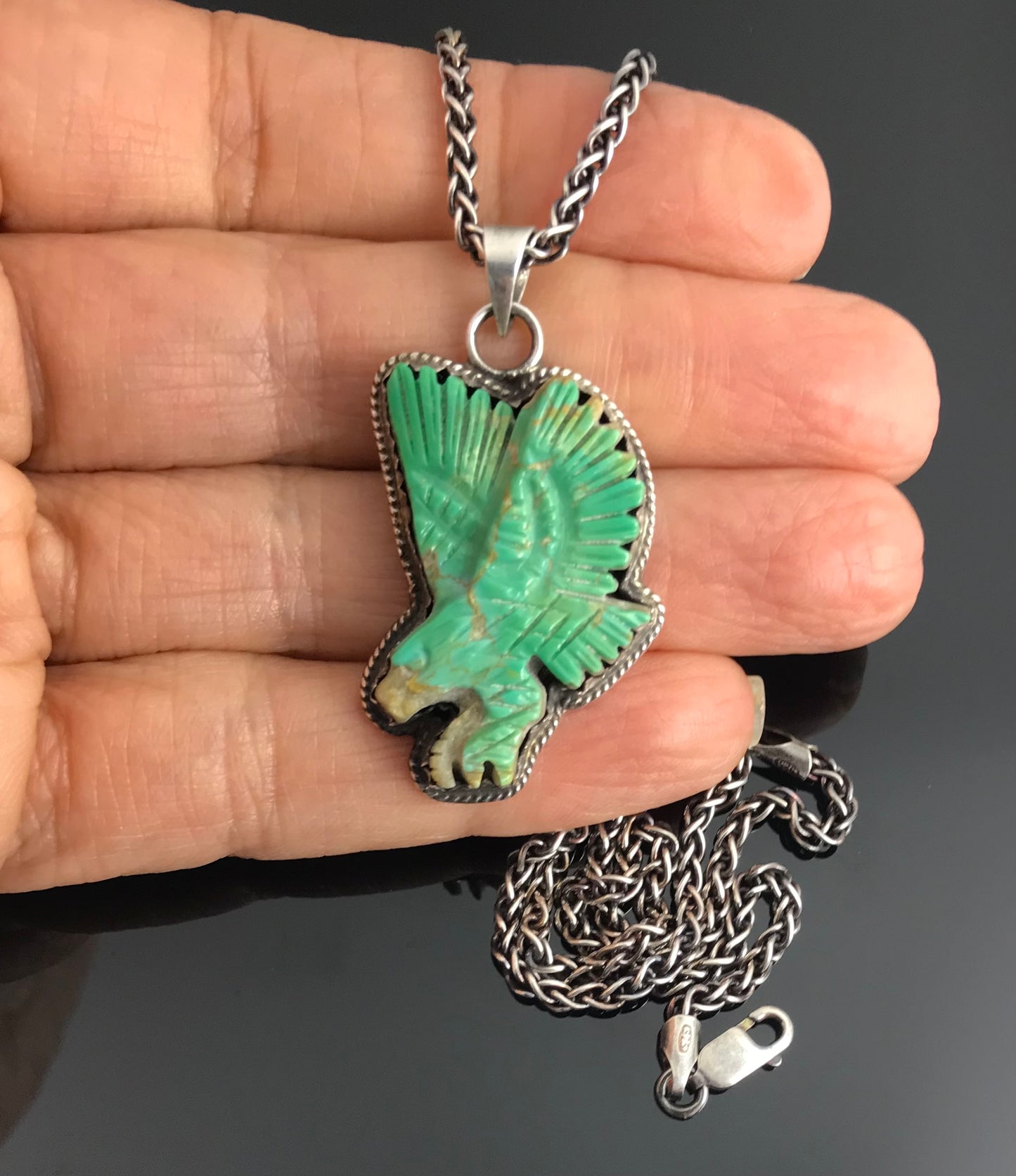 Carved Turquoise Eagle Necklace Pendant Navajo Native American - ED