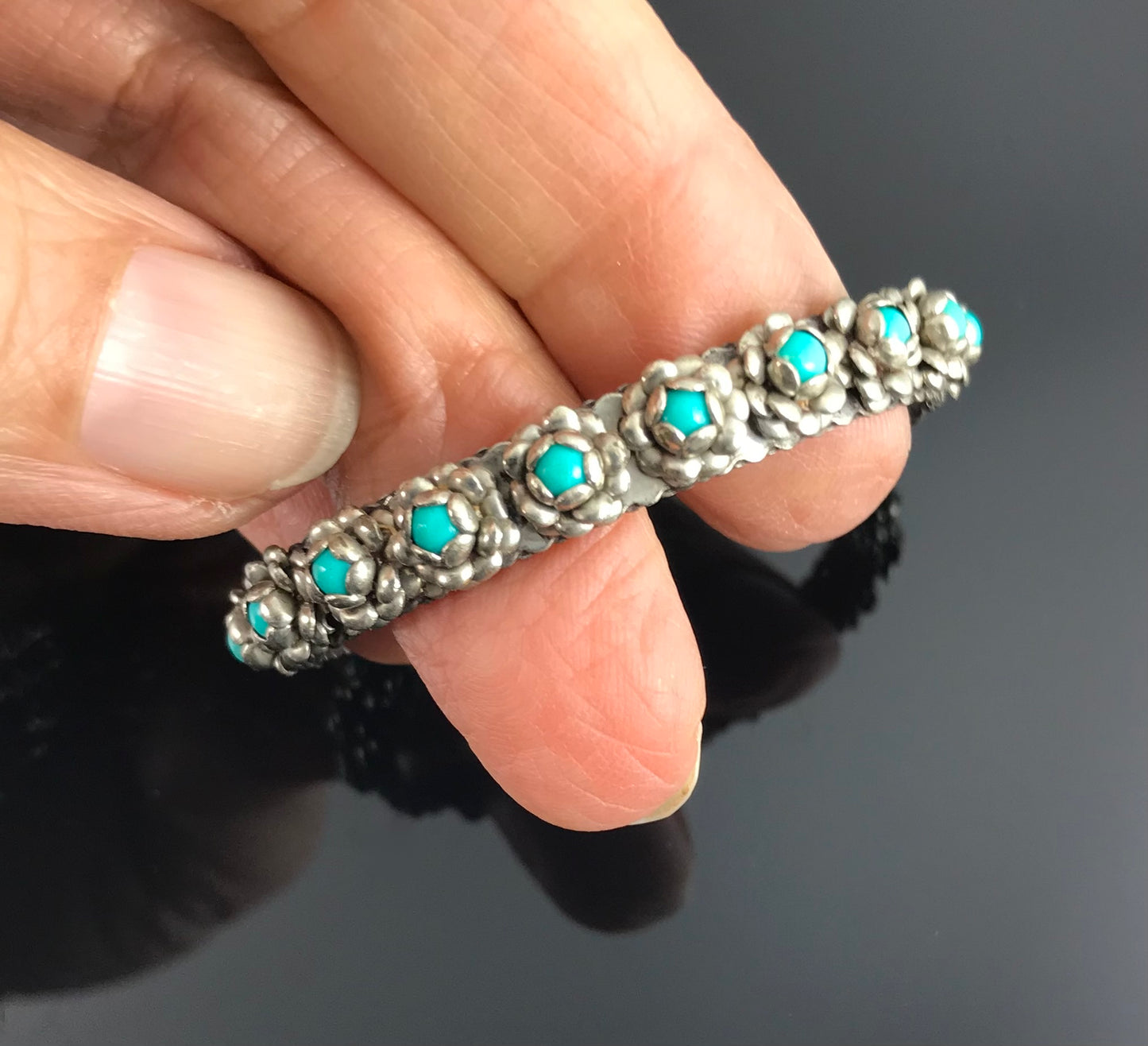 Vintage 1950's Baby / Child's Turquoise Roses Mexico Cuff Bracelet