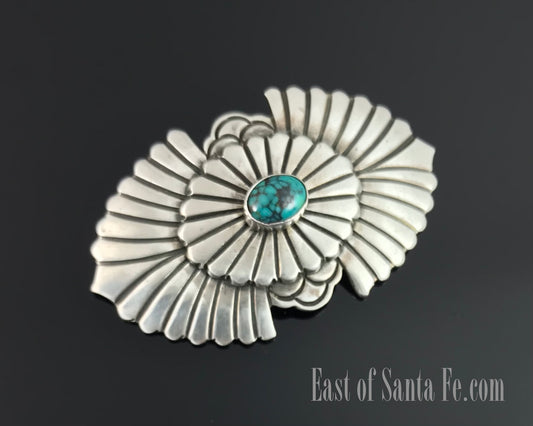 Navajo Turquoise Concho Pin Brooch Hand Stamped Sterling Silver - Gary Reeves