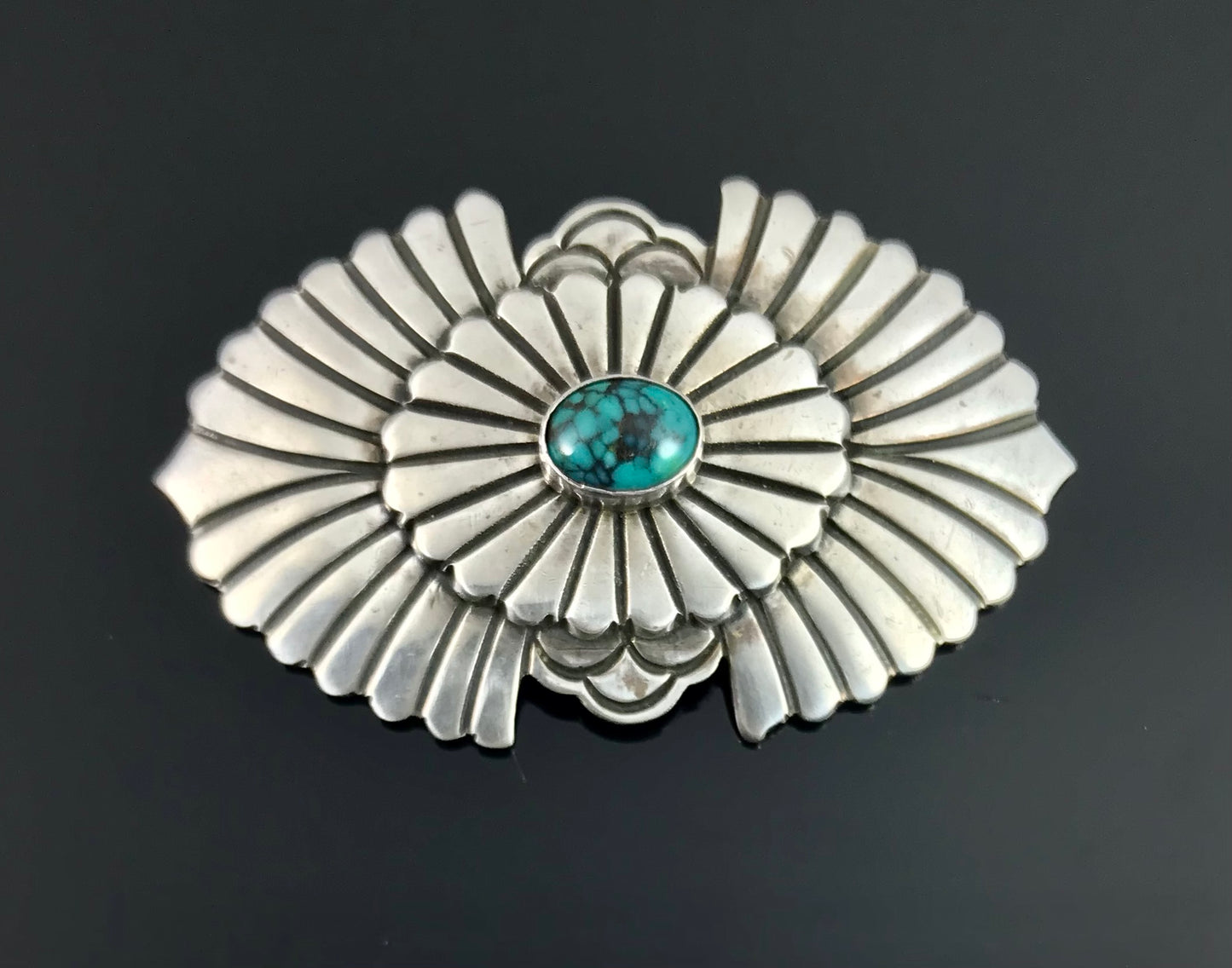 Navajo Turquoise Concho Pin Brooch Hand Stamped Sterling Silver - Gary Reeves