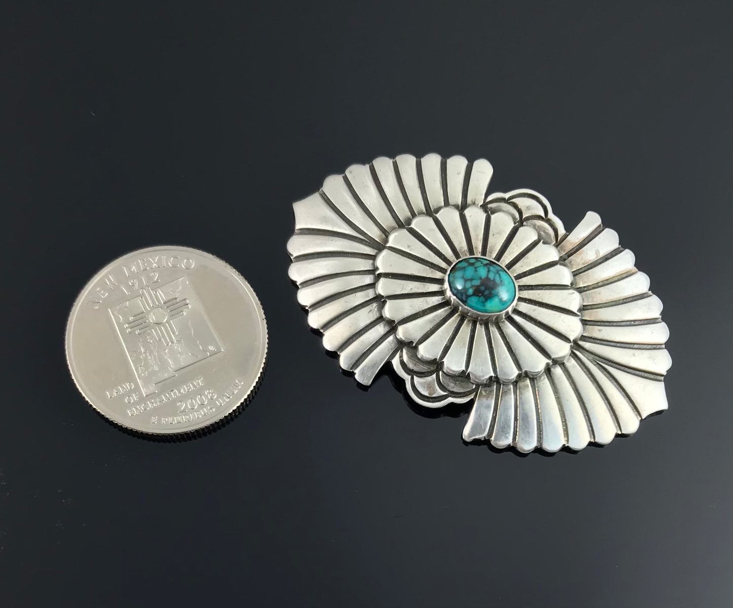 Navajo Turquoise Concho Pin Brooch Hand Stamped Sterling Silver - Gary Reeves