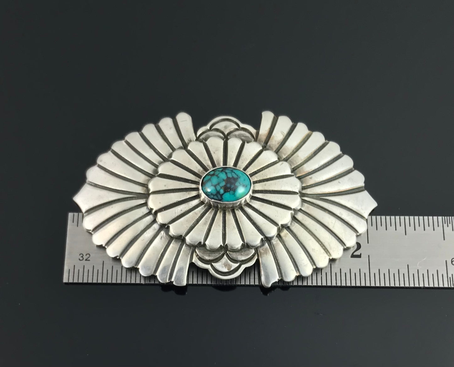 Navajo Turquoise Concho Pin Brooch Hand Stamped Sterling Silver - Gary Reeves