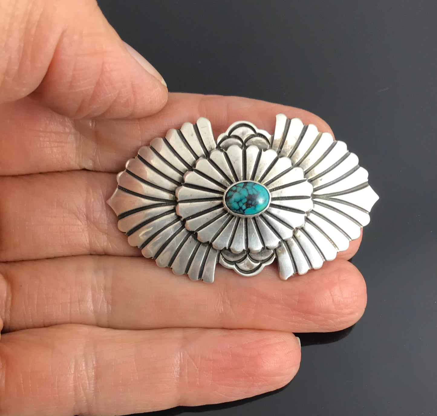 Navajo Turquoise Concho Pin Brooch Hand Stamped Sterling Silver - Gary Reeves