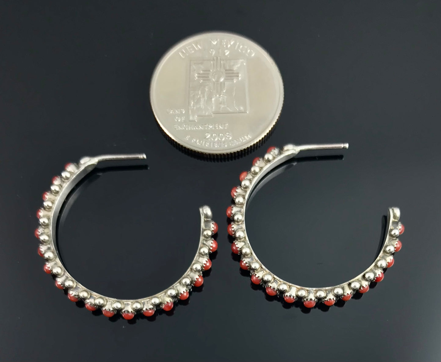 Zuni Red Coral Snake Eyes Earrings Native American - Thomas & Alice Hannaweeke