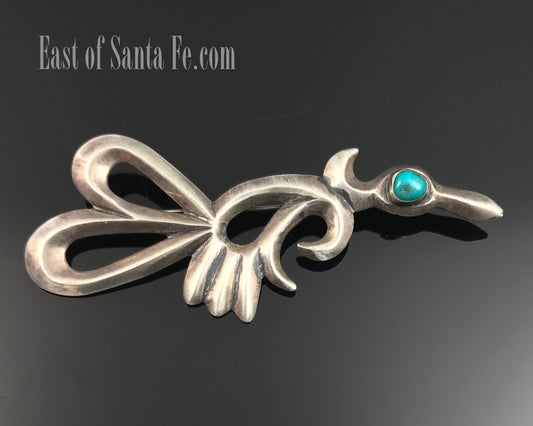 Large Sand Cast Native American Roadrunner Pin Turquoise - Vintage