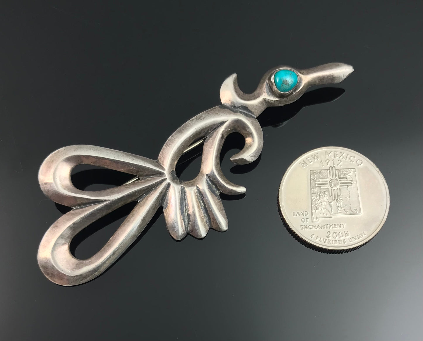 Large Sand Cast Native American Roadrunner Pin Turquoise - Vintage