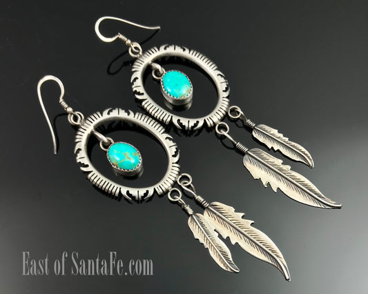 4+" LONG Turquoise Feather Earrings Native American Navajo - Vintage