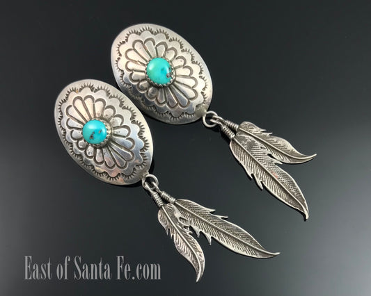 Turquoise Concho and Feather Earrings Native American Navajo - Vintage