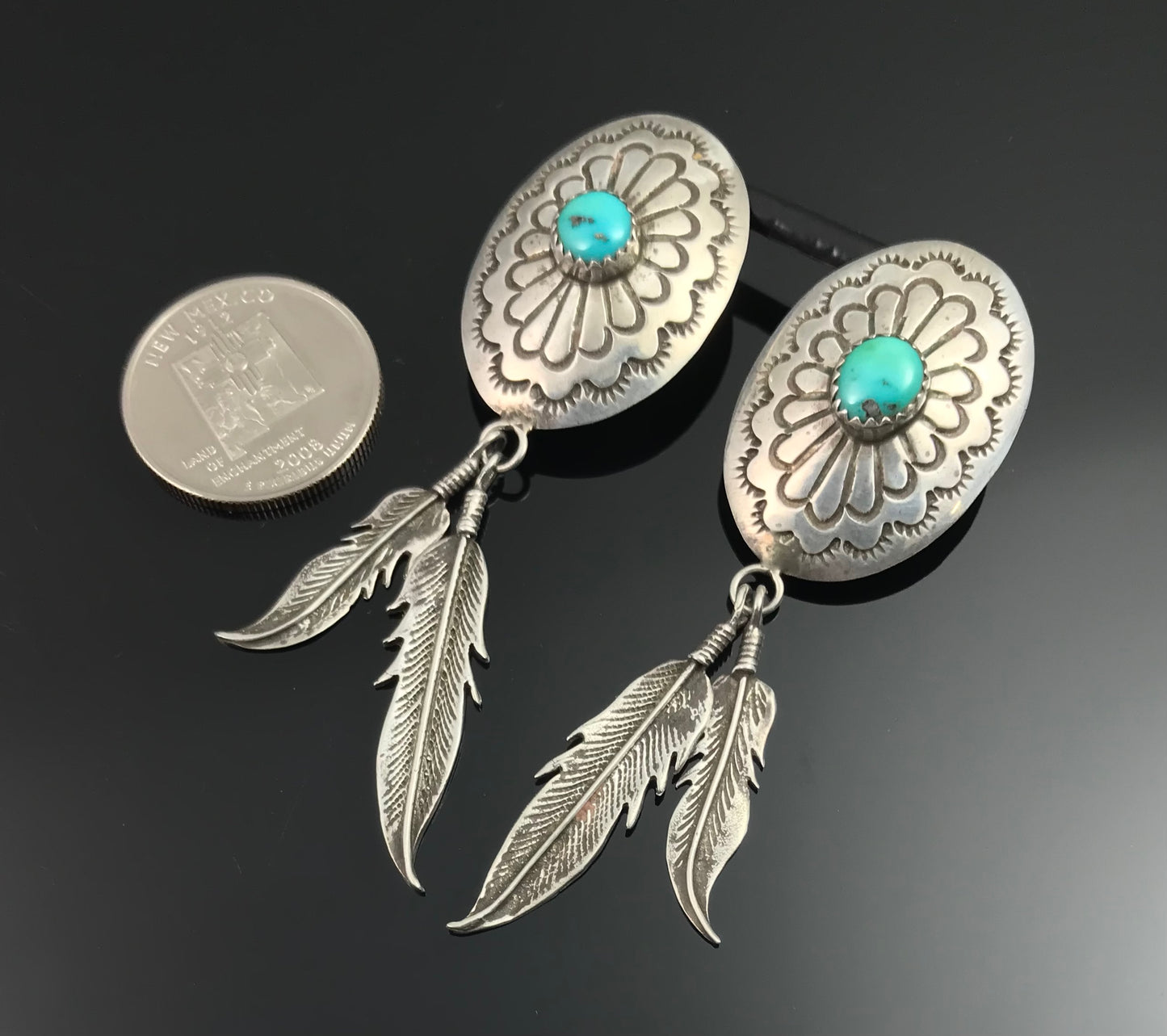 Turquoise Concho and Feather Earrings Native American Navajo - Vintage
