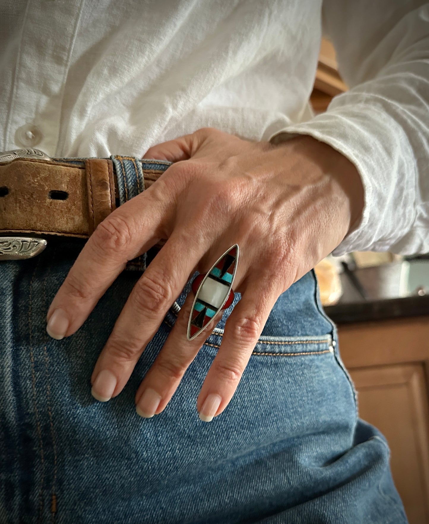 Unusual Zuni Inlay Ring Size 6 Native American - Vintage