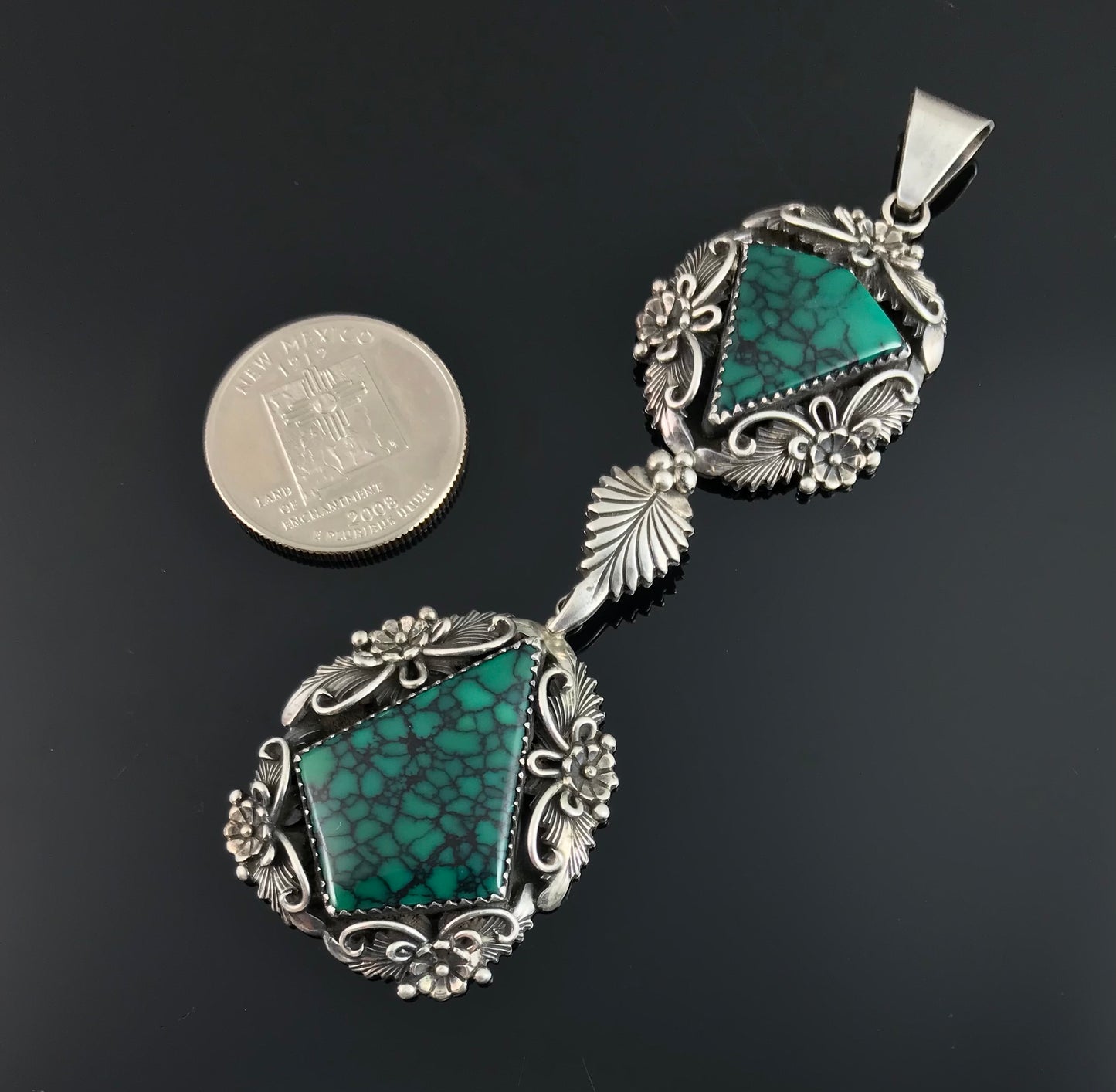 Double Spider Web Turquoise Navajo Pendant Native American - Peterson Johnson