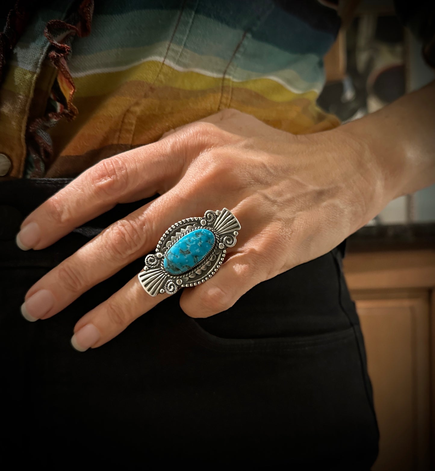 Large Turquoise Native American Navajo Ring Size 6 - Jimson Ben