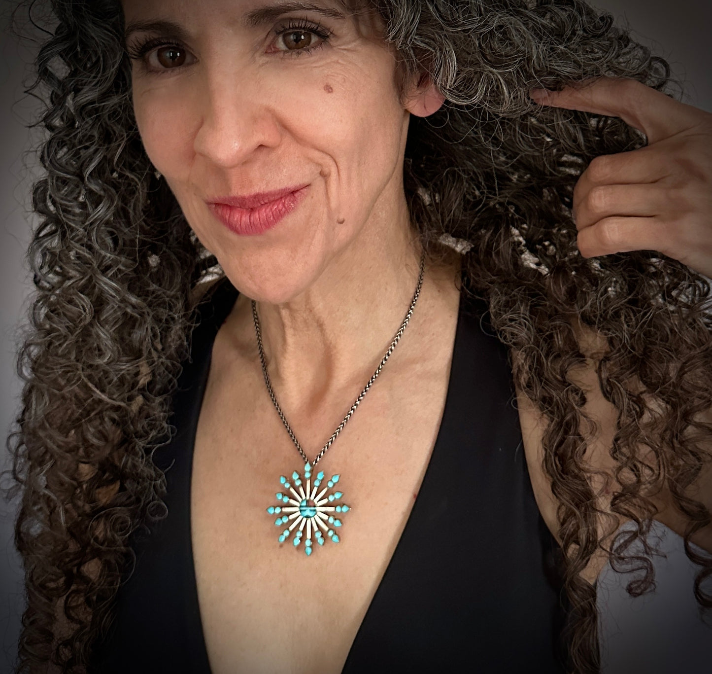 Vintage Zuni Turquoise Petit Point Sun Face Pin Pendant Necklace Native American - Vera Halusewa