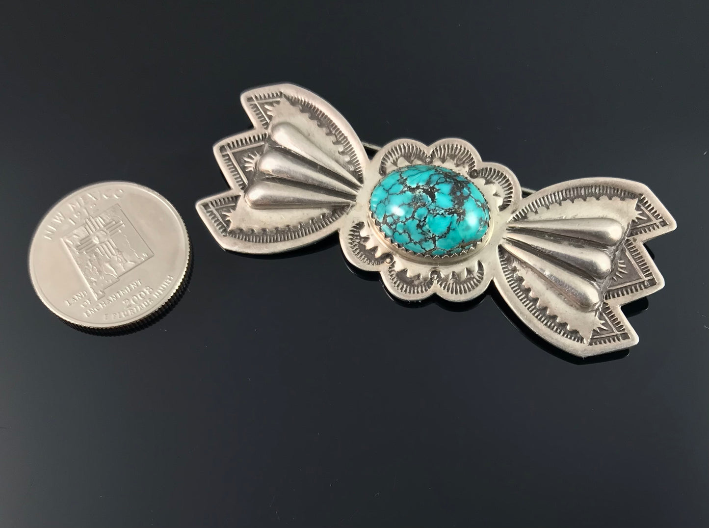 Large Turquoise Concho Bow Tie Pin Native American Navajo - Edison Sandy Smith