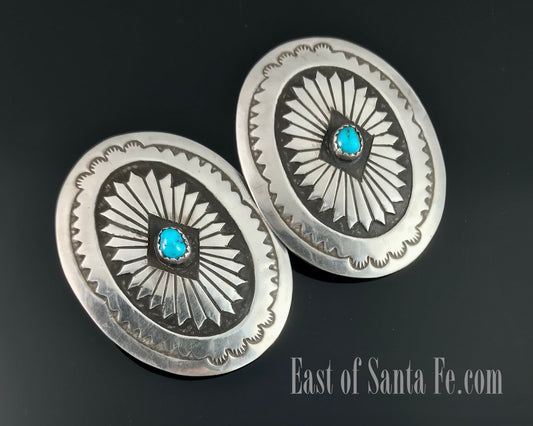 X-Large Turquoise Navajo Stamped Concho Earrings Native American - Vintage