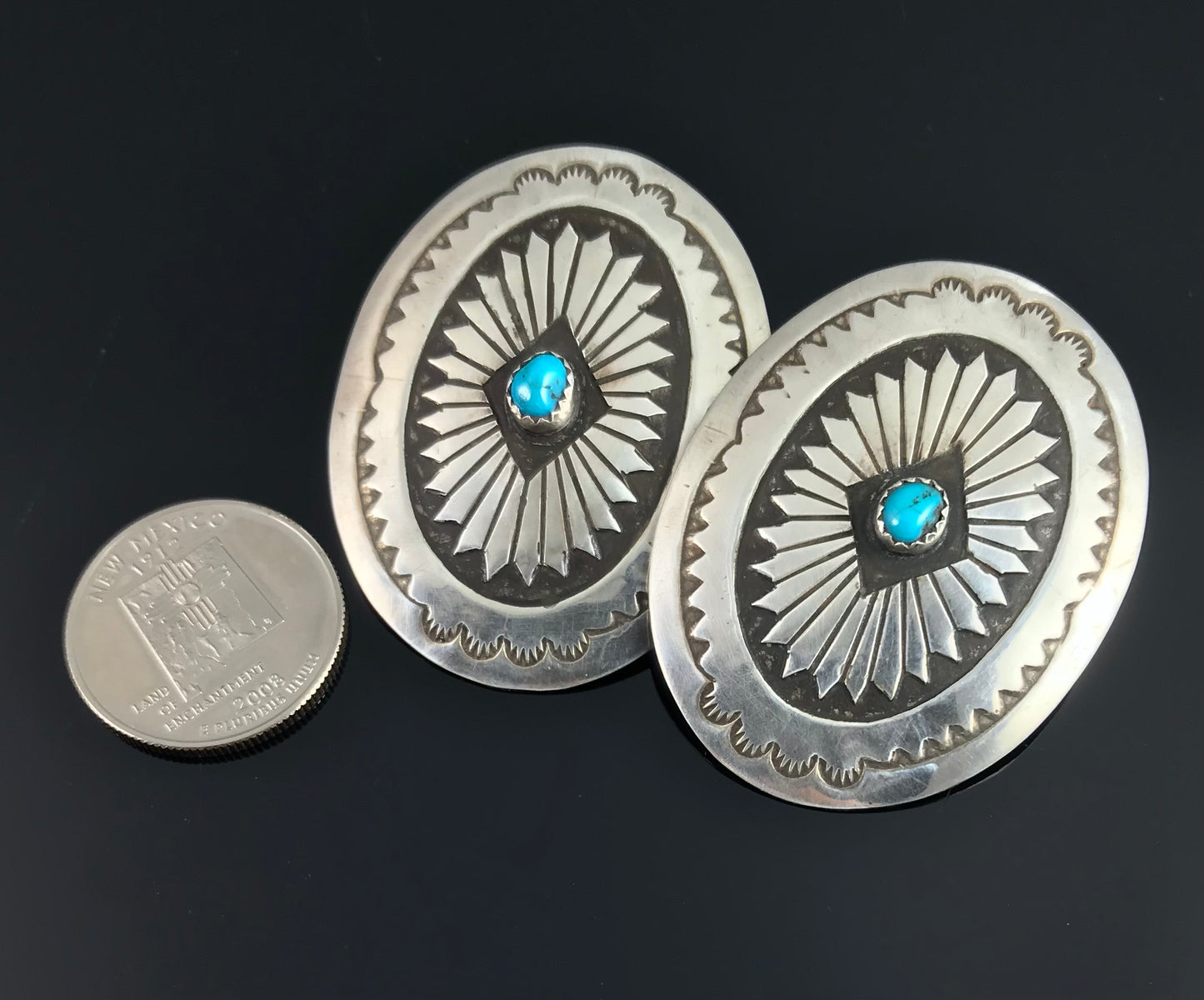 X-Large Turquoise Navajo Stamped Concho Earrings Native American - Vintage