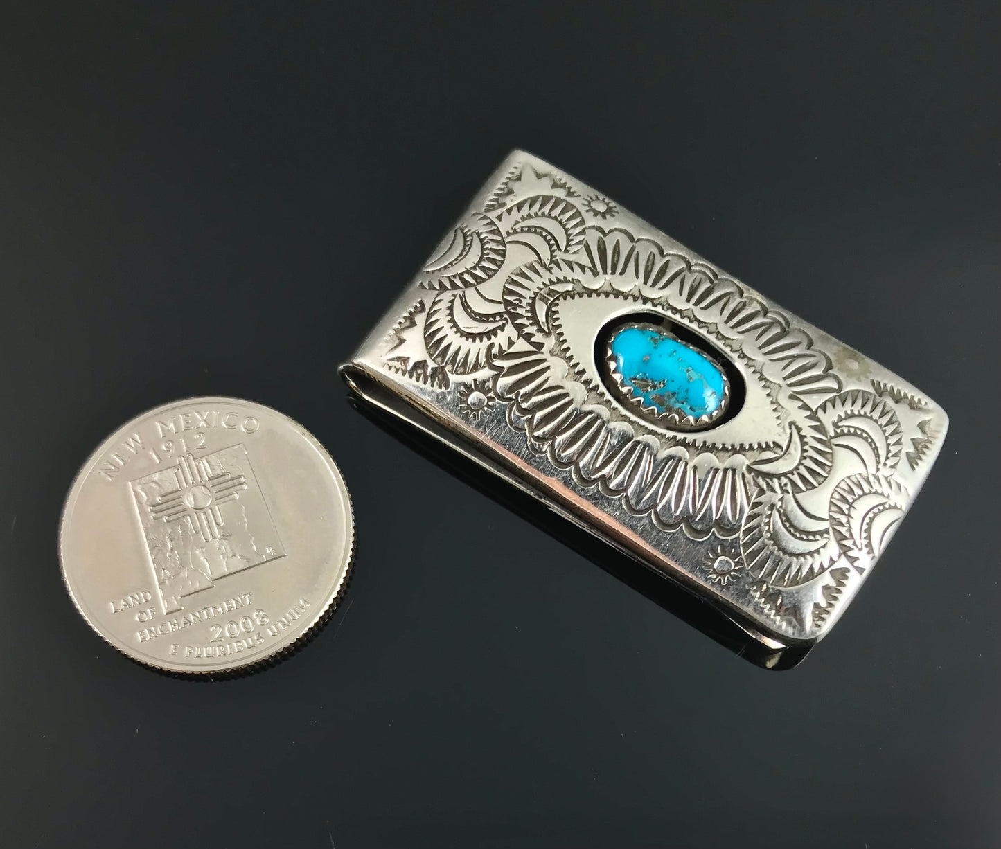Beautifully Stamped Money Clip Turquoise Sterling Silver Native American Navajo - Shirley Skeets