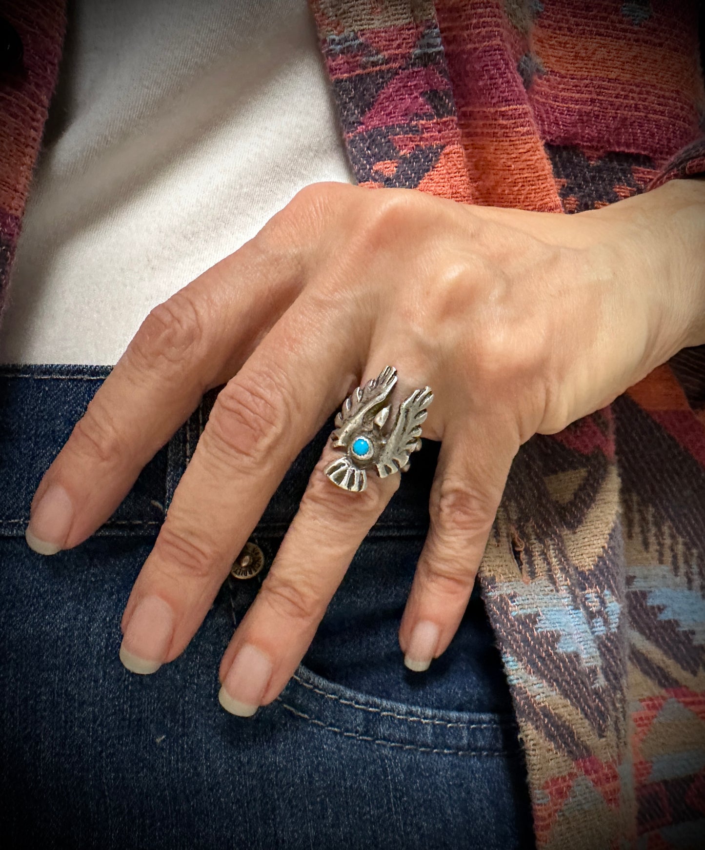 Sand Cast Thunderbird or Peyote Bird Ring Navajo Native American Size 5 - Vintage