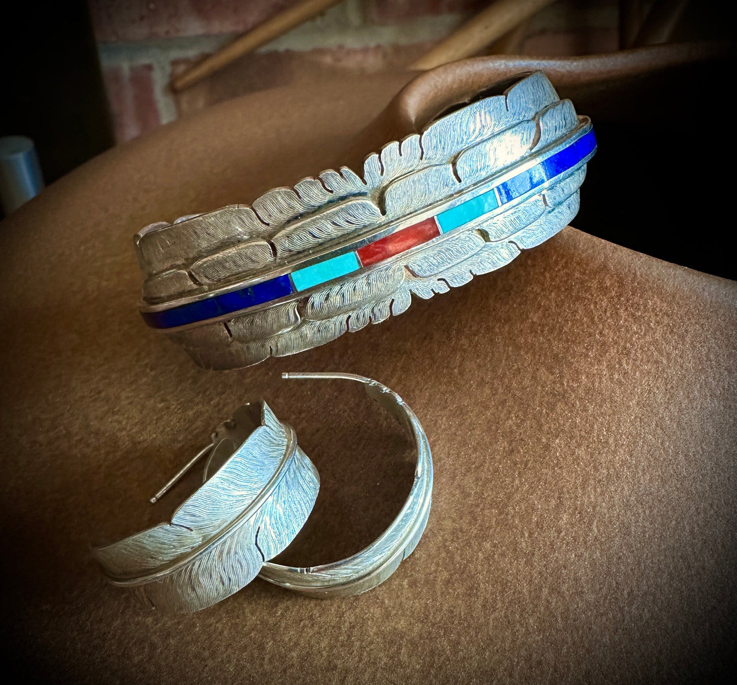 Sterling Feather Hoop Earrings Navajo Isleta Native American - Michael Kirk