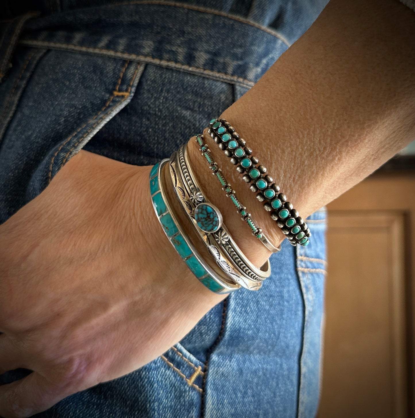 VINTAGE Zuni Snake Eyes Turquoise Row Cuff Bracelet