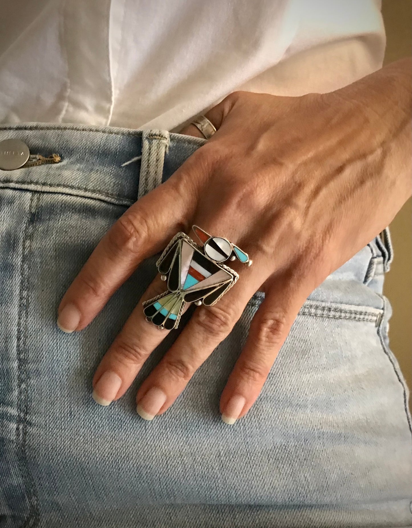 Zuni Thunderbird Inlay Ring Native American Size 8 1/2 - Delgar Cellicion