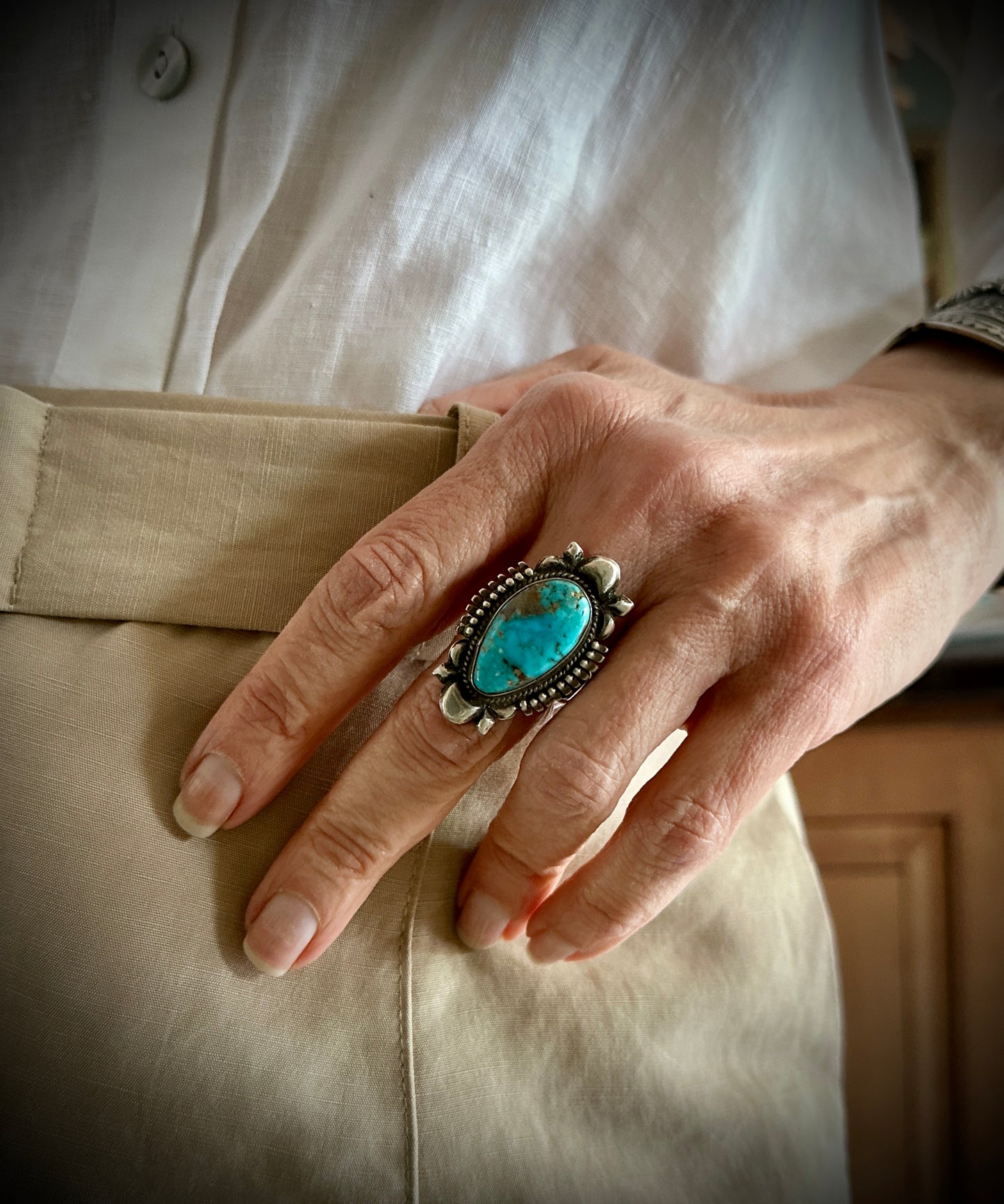 Ornate Turquoise Navajo Native American Ring Size 9 1/2: Bennie Ration