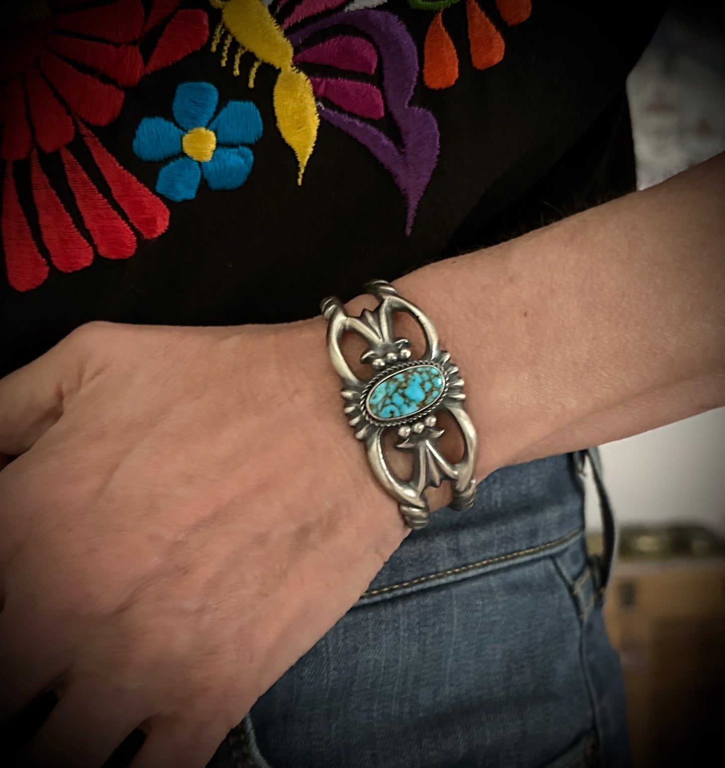 Sand Cast Turquoise Navajo Native American Cuff Bracelet - Harrison Bitsui