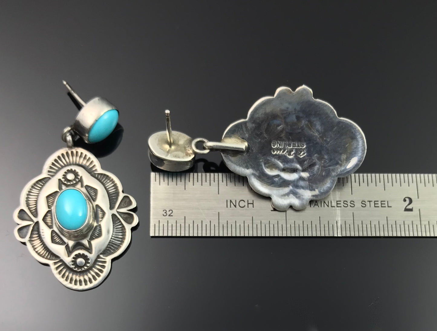 Navajo Turquoise Stamped Concho Earrings Native American - Happy Piasso