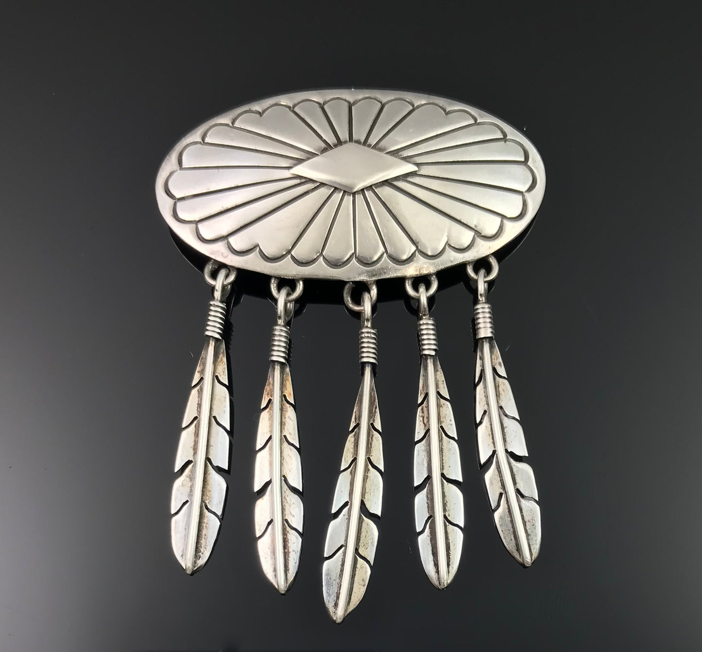 Feathers Concho Pin Brooch Sterling Silver Native American Navajo - Vintage