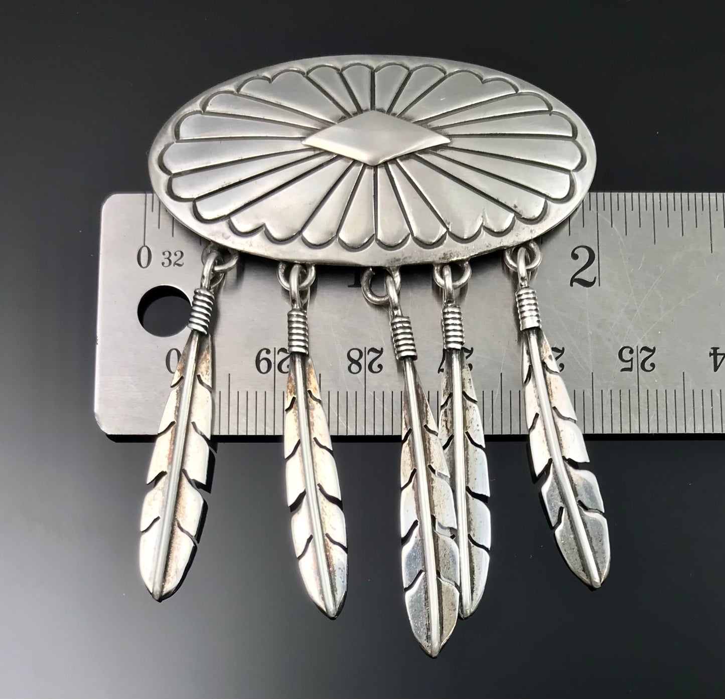 Feathers Concho Pin Brooch Sterling Silver Native American Navajo - Vintage