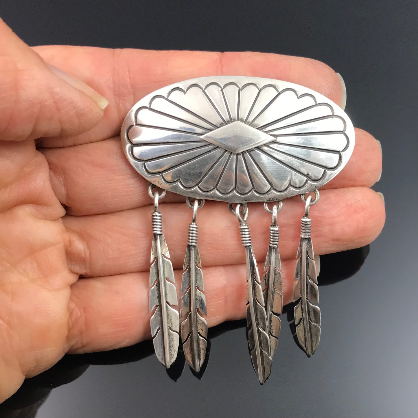 Feathers Concho Pin Brooch Sterling Silver Native American Navajo - Vintage